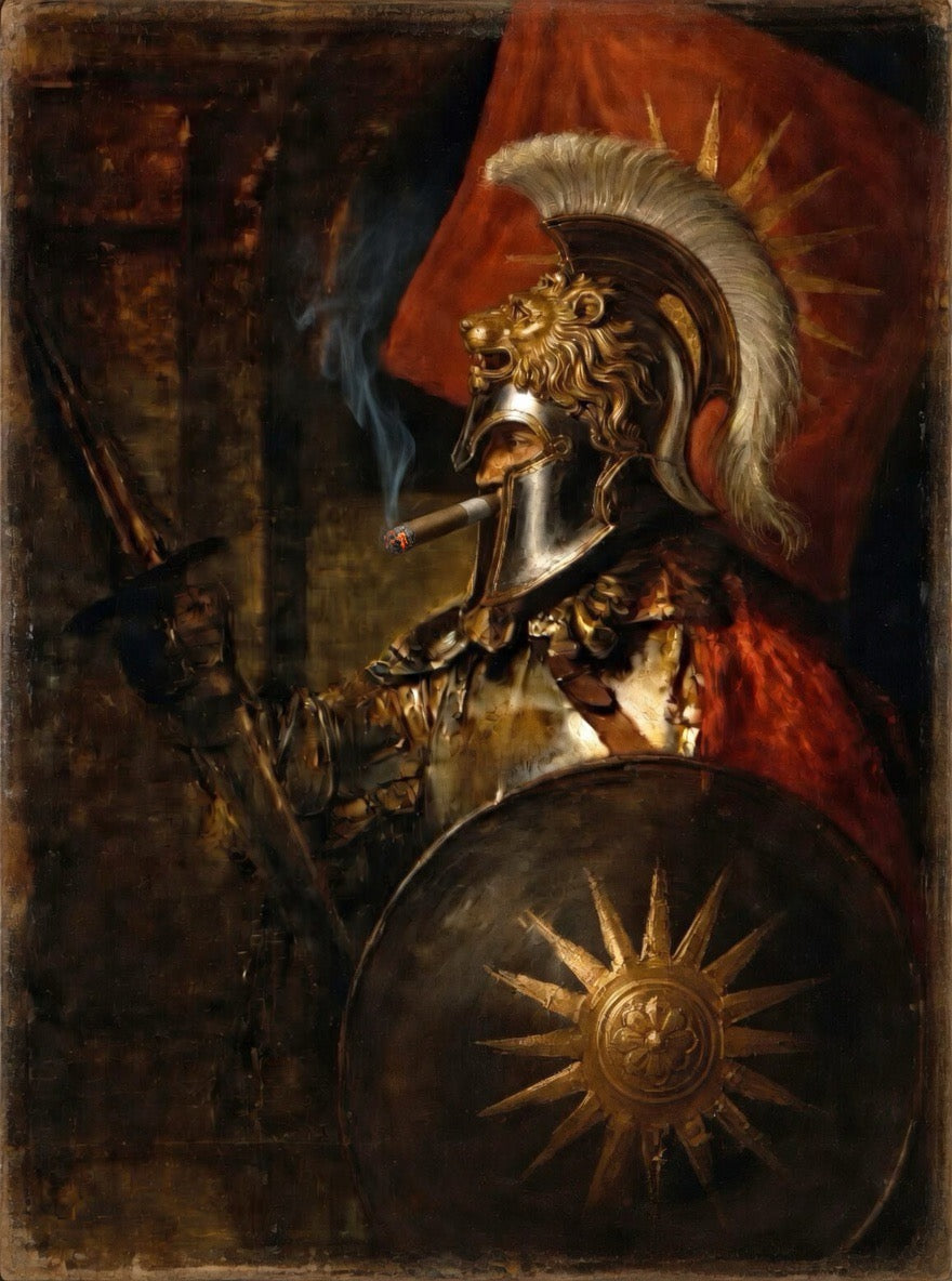Macedonian-inspired warrior wearing a lion-crested helmet