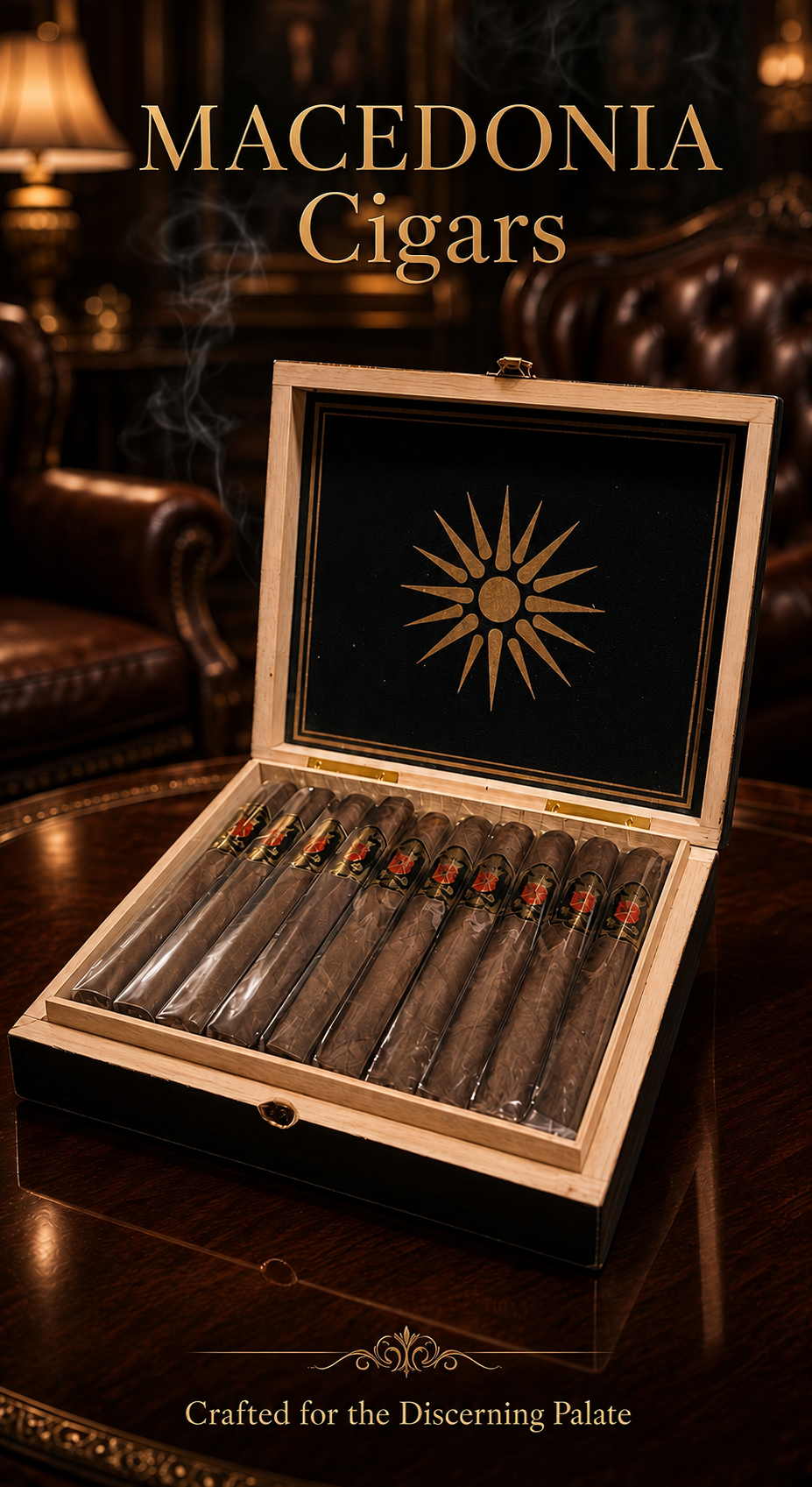 Open Macedonia Cigars Founders Release box in a luxury cigar lounge